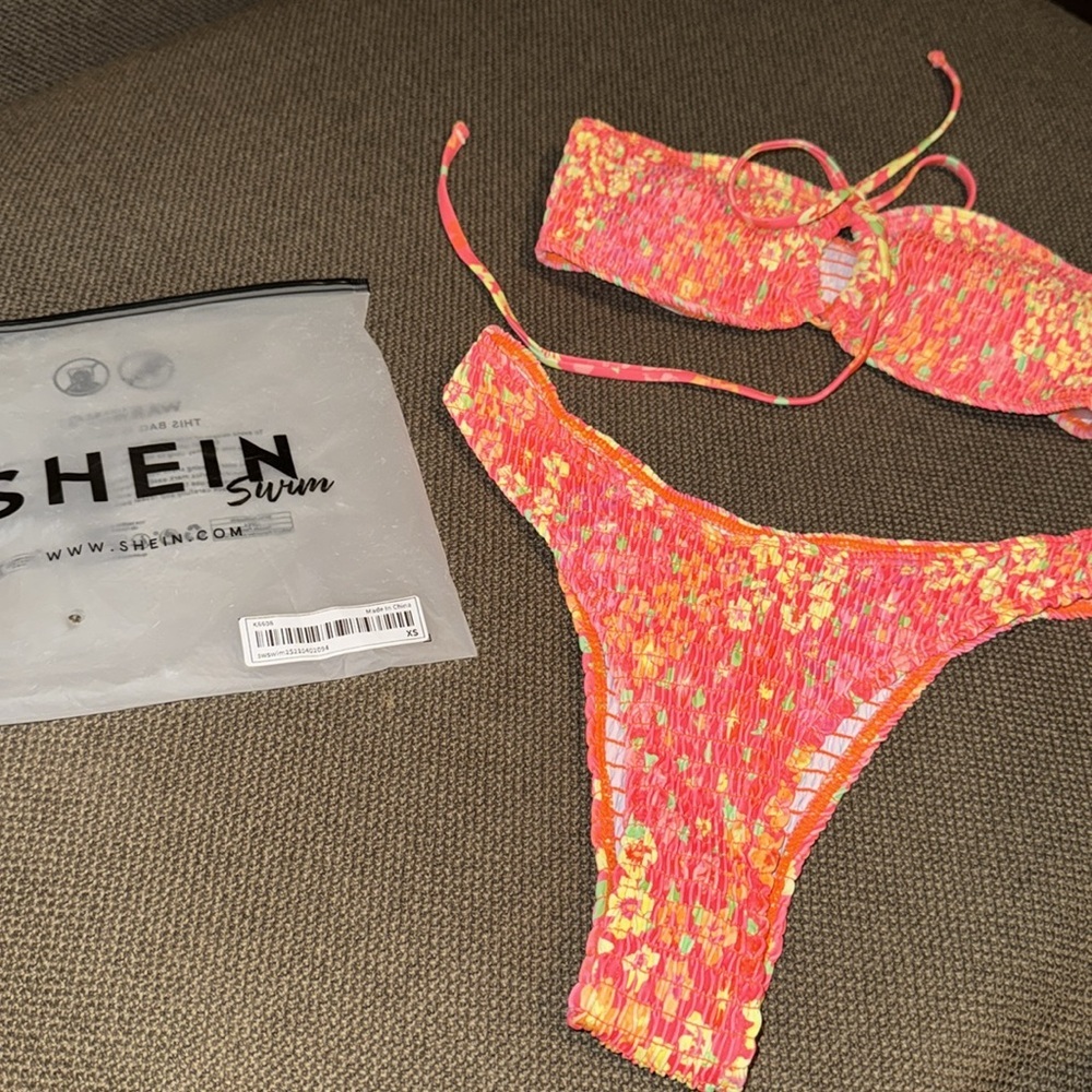 SHEIN floral swimsuit bikini 2-piece orange yellow neon swimwear bandeau top XS - Picture 1 of 10